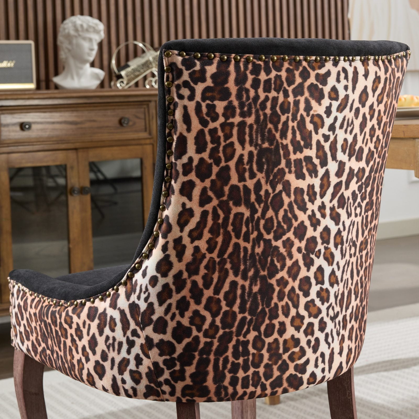 BSHTI Furniture Ultra Side Dining Chair Set of 2, Leopard Print Thickened Fabric Chairs with Neutral Solid Wood Legs & Bronze Nail Head – Statement Animal Print Dining Chair