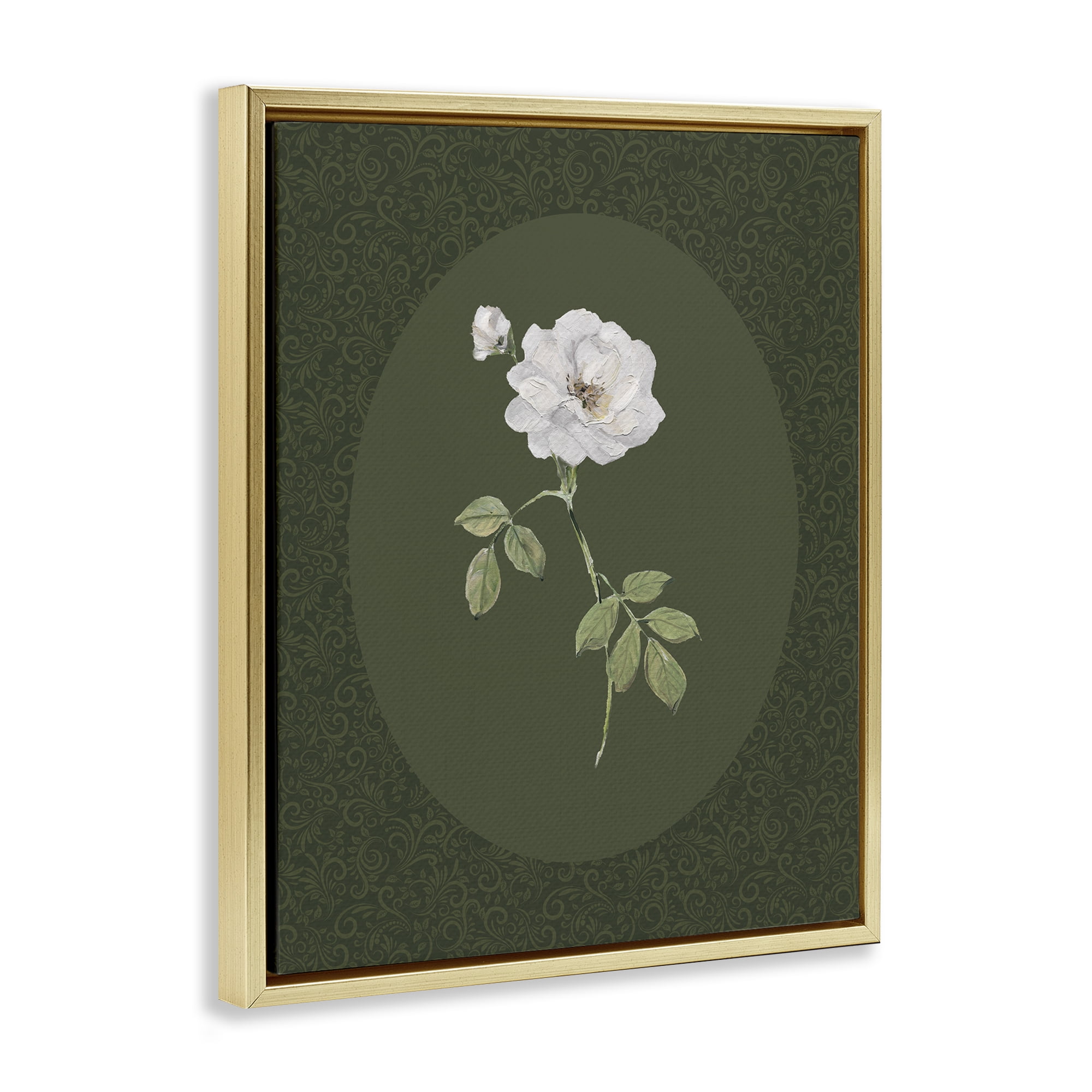 Stupell Industries White Rose on Emerald Gold Framed Floater Canvas Wall Art, design by Sally Swatland