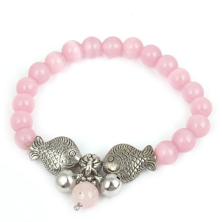 - Unique Bargains Fish Detail Round Opal Bead Wrist Ornament Bracelet Pink Silver Tone for Women