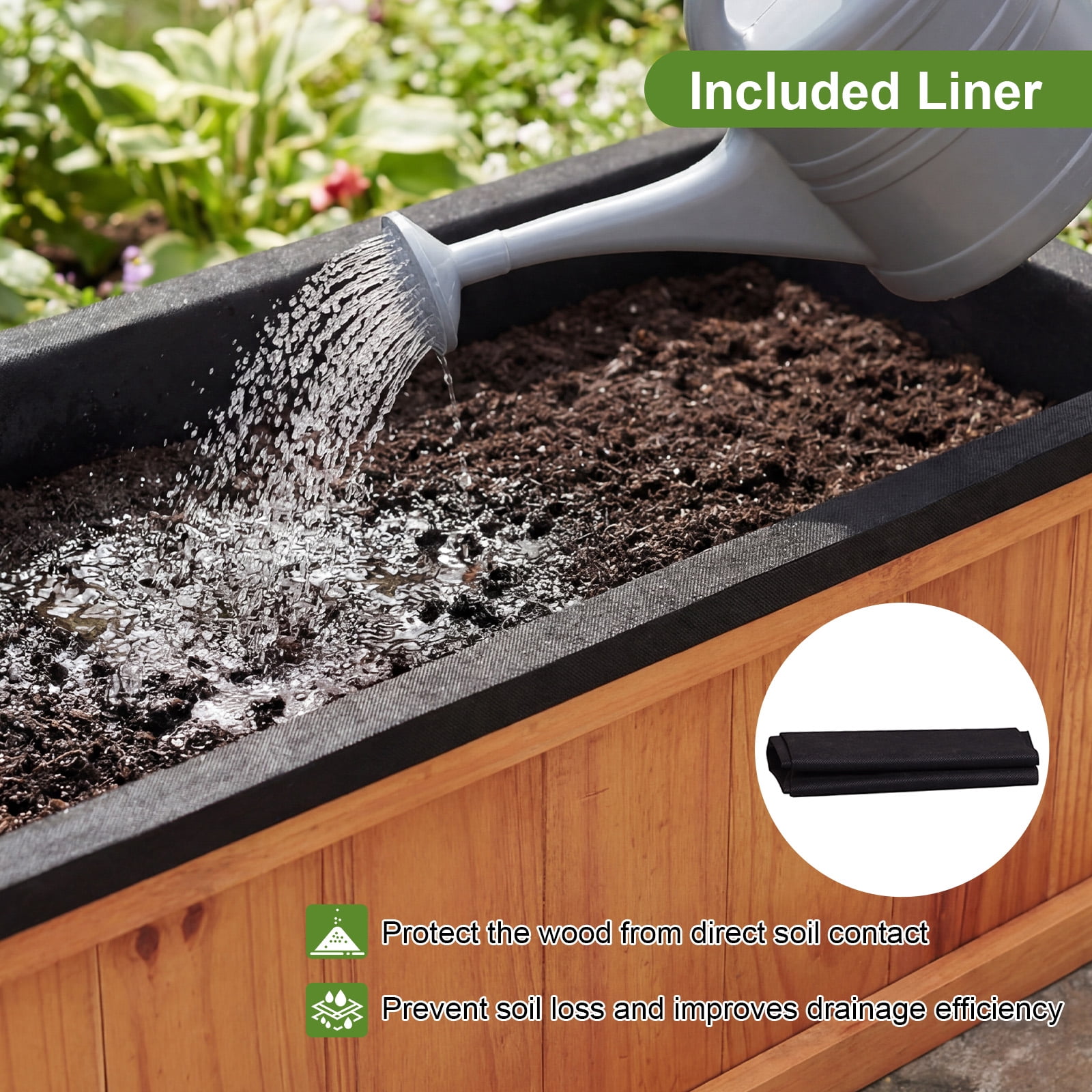 Costway 2 PCS Wood Raised Garden Bed with Drainage Holes, Liner for Flowers Vegetables Herbs