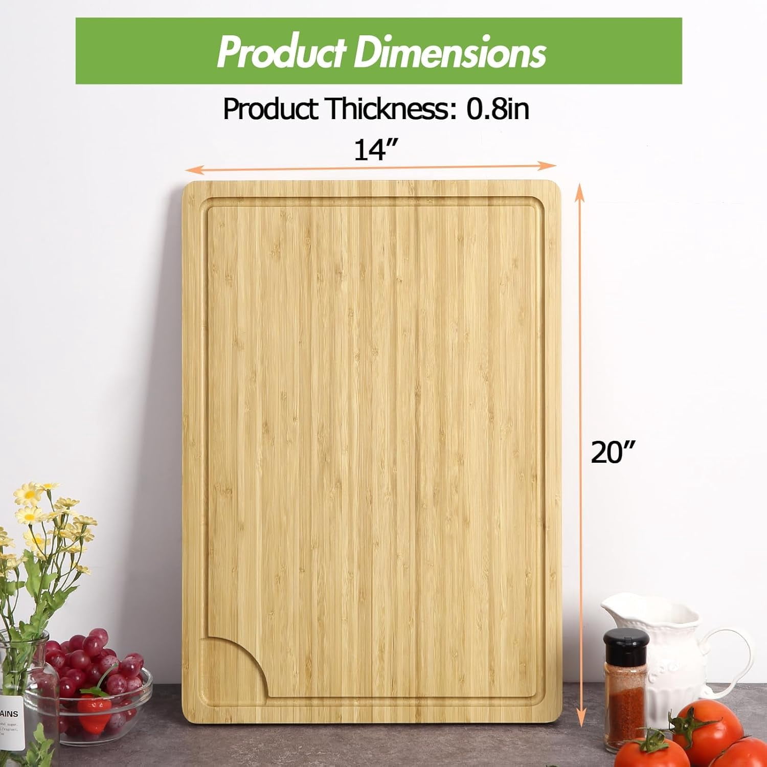 Large Bamboo Cutting Board with Juice Groove and Handle, Reversible Kitchen Cutting Board, Professional Cutting Board, Prep Tray Made of Pre-Oiled Natural Wood, Natural