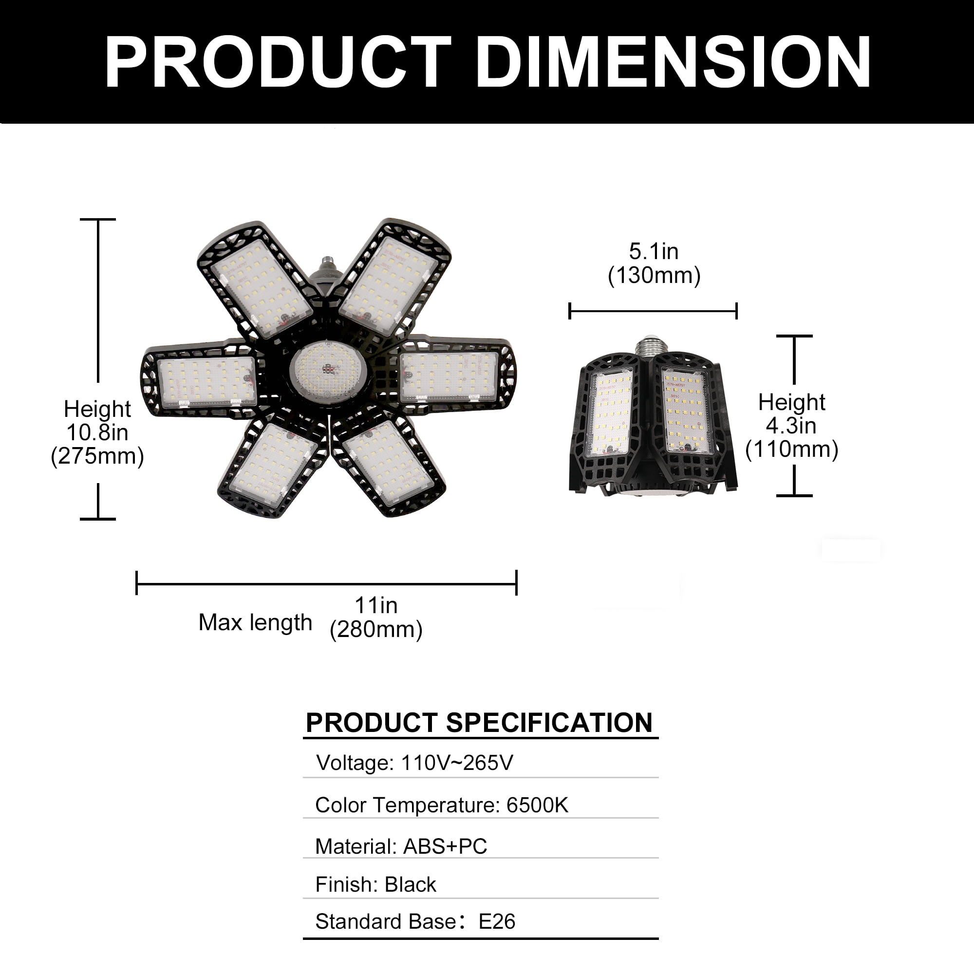 YANSUN 11 in 48W Black LED Flush Mount Garage Ceiling Light with 6 Foldable Adjustable Panels for Basement, Garage, Workshop, Utility Room