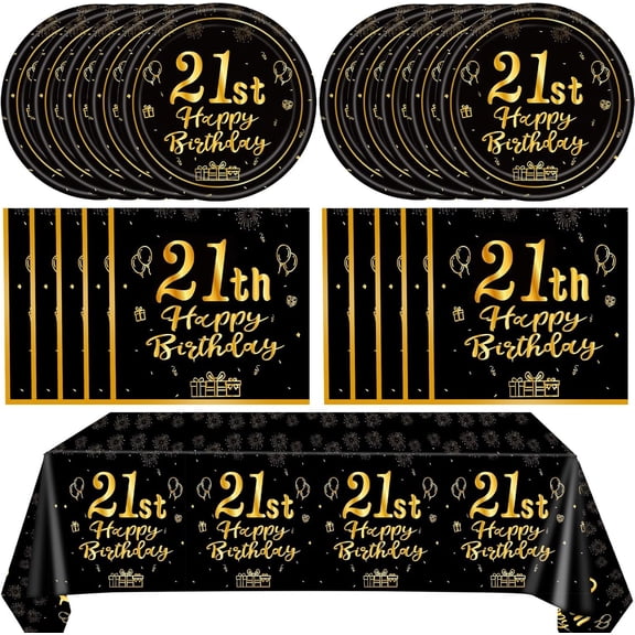 41Pcs Black and Gold 21st Birthday Decorations Disposable Tableware Set: Plates, Napkins, and Tablecloth 21st Birthday Party Supplies for Men Women Serves 20 Guests