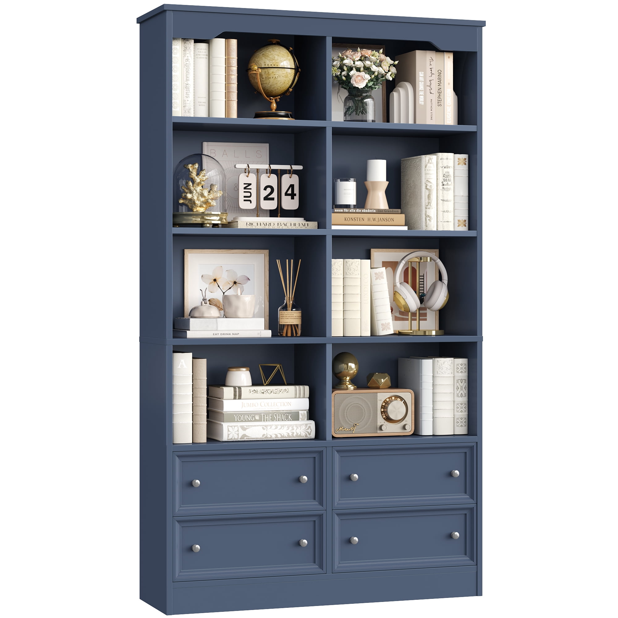 Homfa Double Row 6 Tier Bookcases, 71 in Tall Bookcase Bookshelf with 4 Drawers and 8 Display Cubicles, for Home Office Living Room, Blue