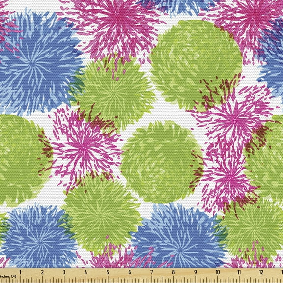 Ambesonne Dahlia Fabric by the Yard Upholstery, Colorful Dandelion Petals, 2 Yards, Lime Green Azure Blue