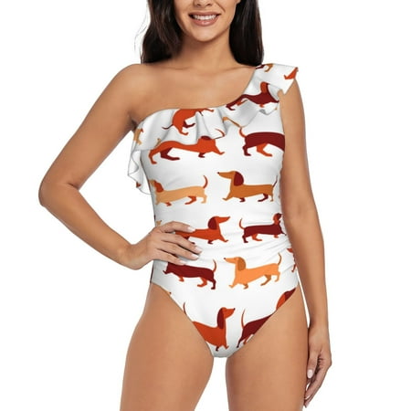 Tebeau Dachshund Walking Print Women s One Piece Swimsuits One Shoulder Swimwear Asymmetric Ruffle Monokinis Bathing Suits-Medium