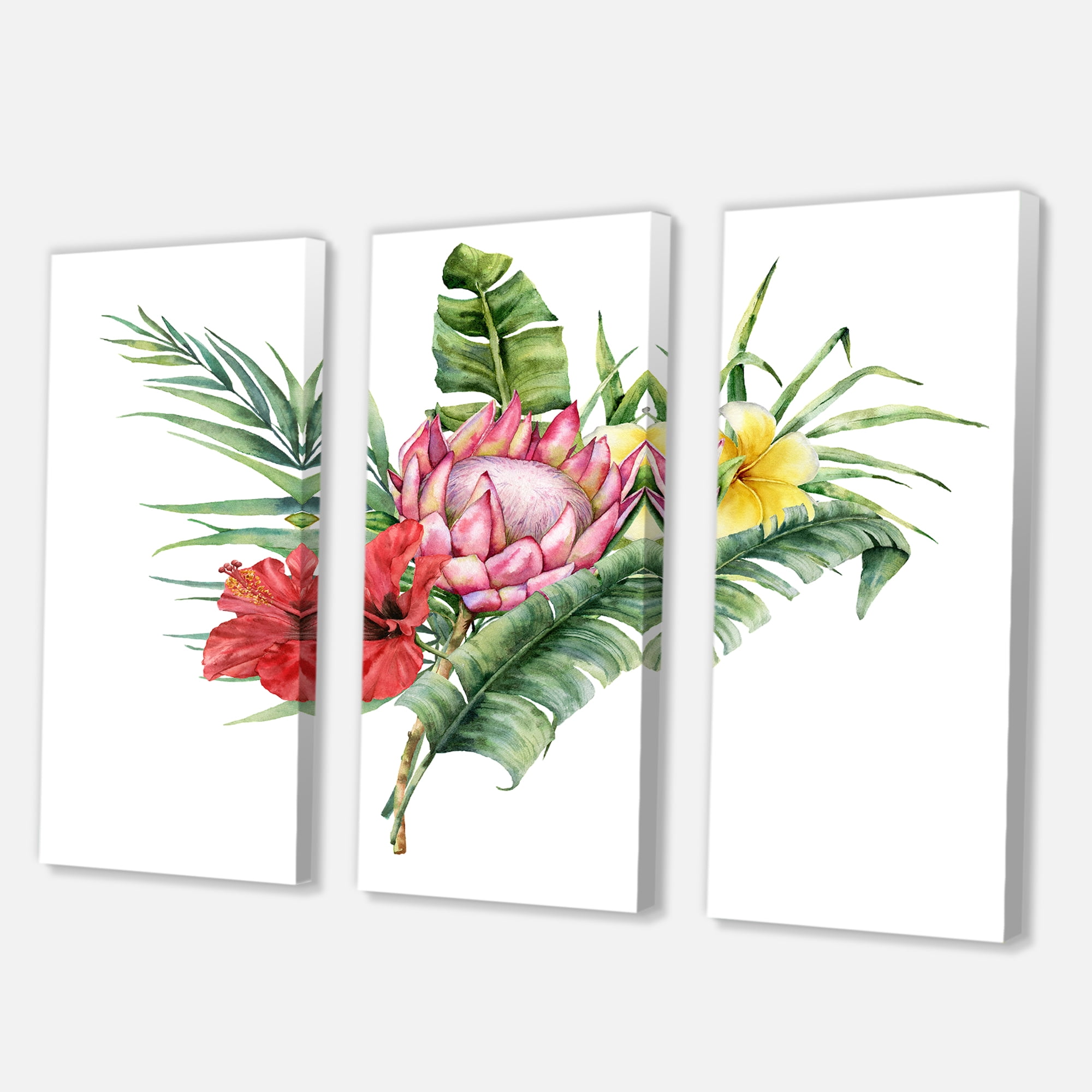 Designart ' Flowers Bouquet With Protea Plumeria Hibiscus ' Traditional Canvas Wall Art Print