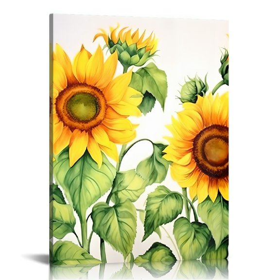 RKSupls Sunflowers Green Leaves Buds Floral Canvas Wall Art, Ready to Hang, Modern Art Bathroom Bedroom Kitchen Dining Room Entryway Wall Decor Prints