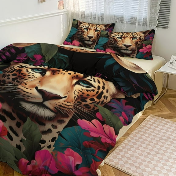 Forest Colored Leopard Flower Leaves Duvet Cover Set Themed Multicolor Polyester Bedding Set for Bedroom Decoration