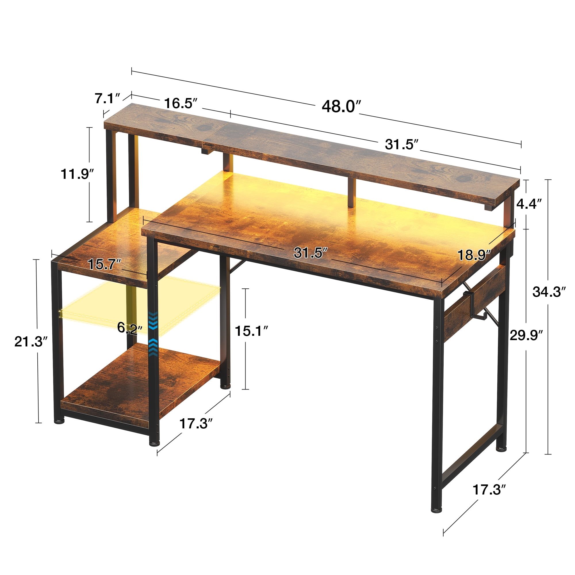 Casacomoda 48 Inch Computer Desk with Monitor Stand & LED Lights, Home Office Desk with Adjustable Storage Shelf & CPU Stand, Vintage
