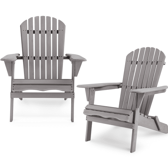 Hassch Folding Adirondack Chairs Set of 2, Outdoor Wood Lounge Chair for Garden, Patio, Yard, Deck, Gray