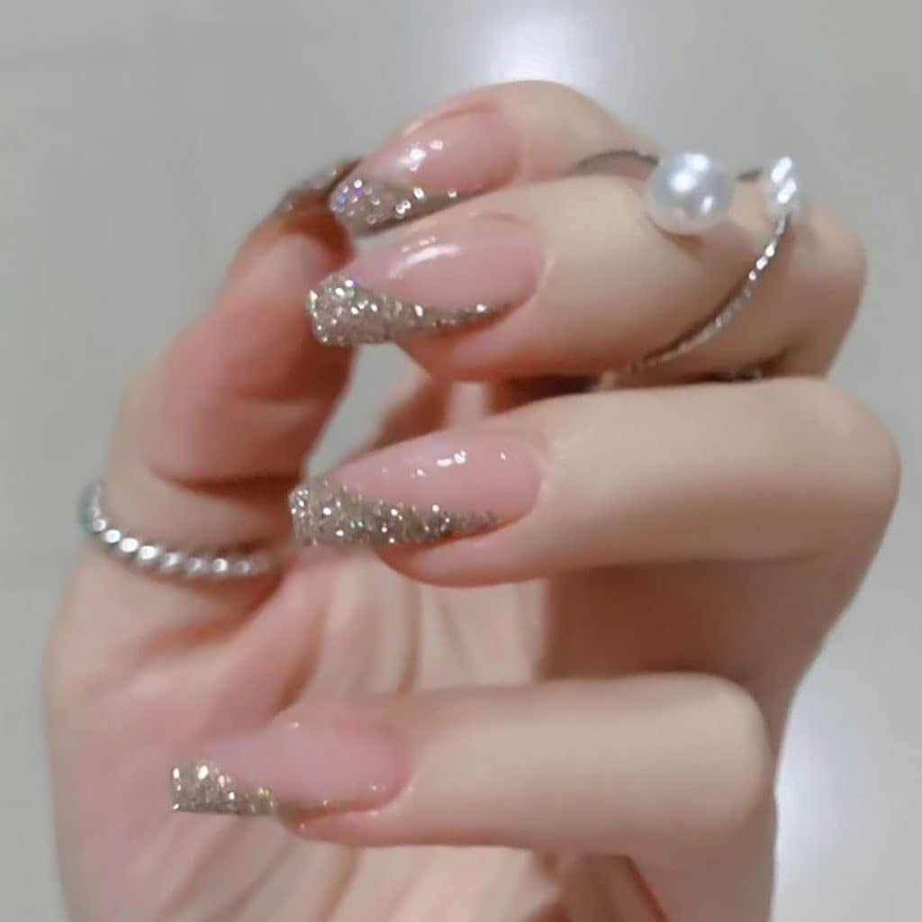 Press on Nails Medium Fake Nails Pink Nails Clear Square Acrylic Nails with Sequins