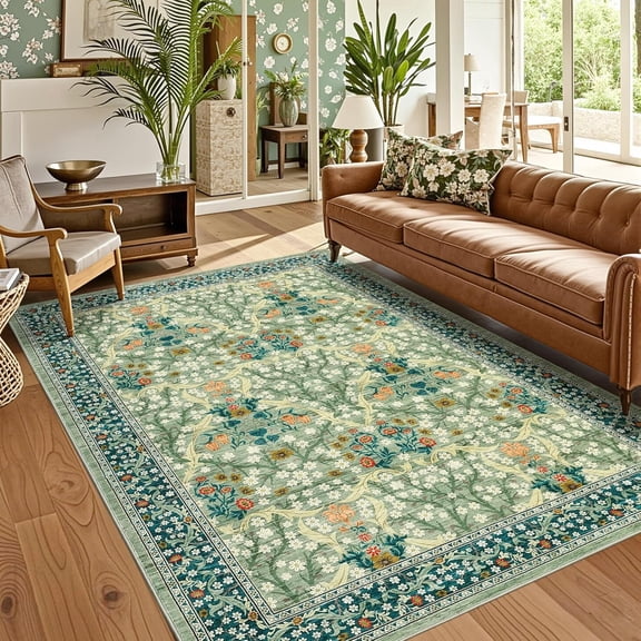 9x12 Floral Botanical Area Rug, Non Slip Washable Low Pile Non-Shedding Living Room Office Carpet,green