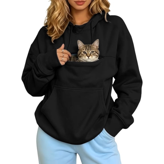 Cat Dog Pouch Hoodie for Women Cat Hoodie with Pouch Pet Hoodies Lightweight Hooded Sweatshirt with Large Pocket,Black L