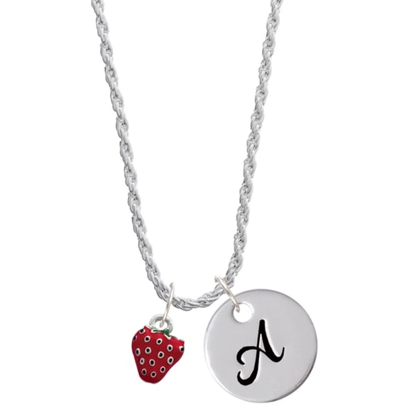 Delight Jewelry Silvertone Mini Red Enamel Strawberry Silvertone Script Initial Disc - A - Charm Necklace, 20" 3"