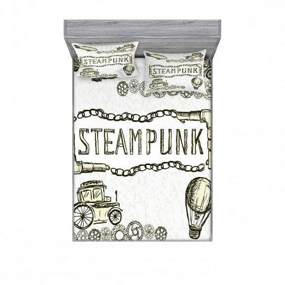 Sketchy Bedding Set with Sheet & Covers, Balloon Antique Cars Design with Words in Middle Saying Steampunk, Printed Bedroom Decor 2 Shams, 4 Sizes, Ivory Dark Olive Green, by Ambesonne