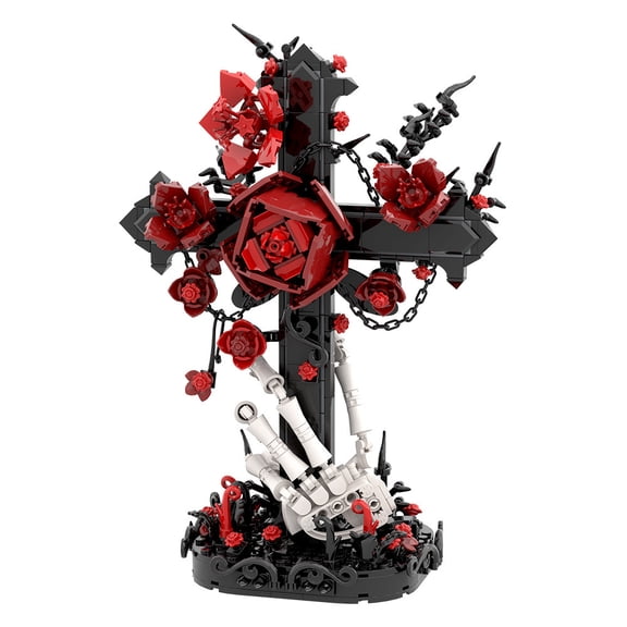 Gothic Rose and Skeleton Hand Building Blocks Set, 636 PCS with Cross, Red Flowers, Chains - Unique Birthday Christmas Gift, Home Decor Display