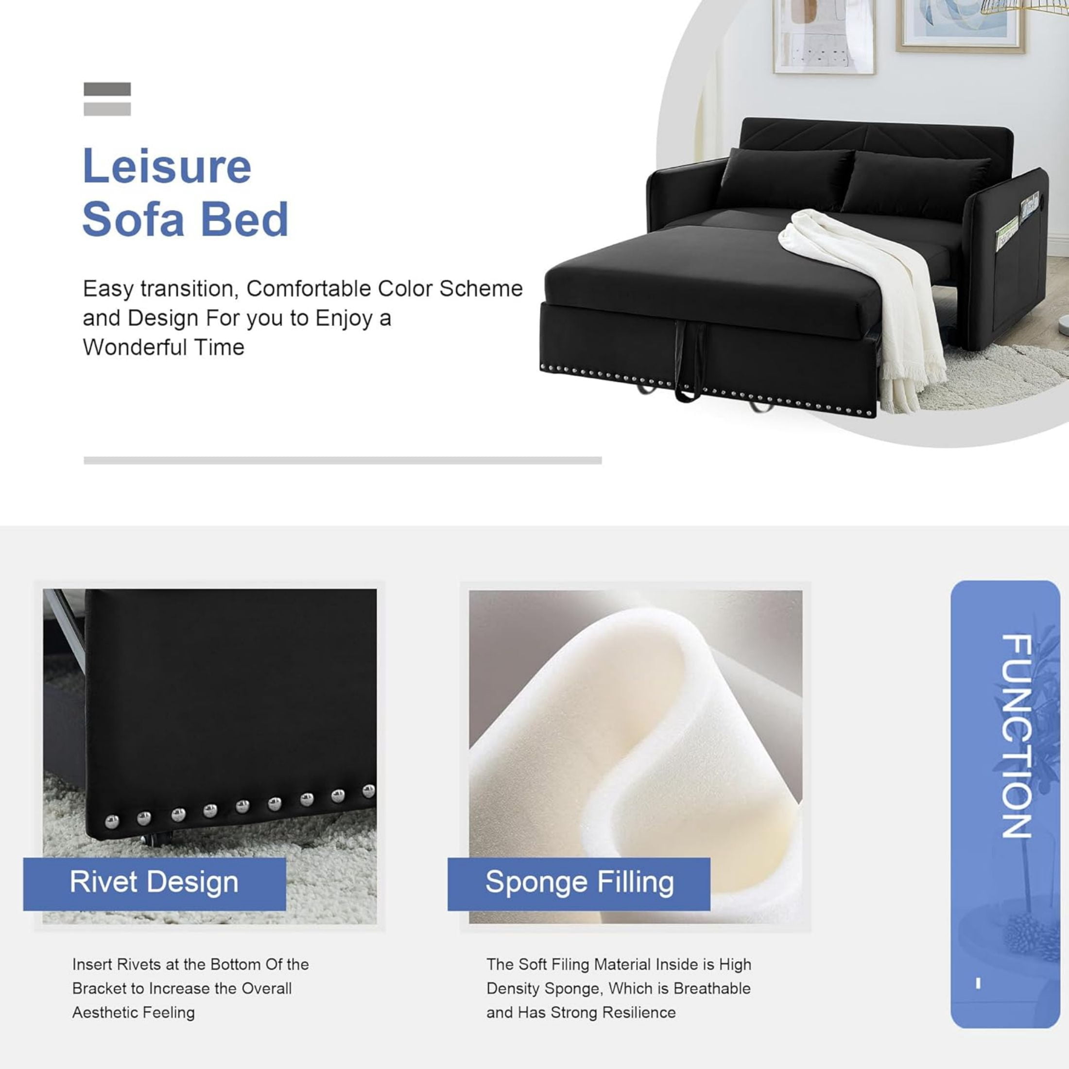 DEALTOPS Pull Out Sofa Bed, Convertible Loveseat Sleeper Sofa with USB Ports and Side Pockets, Black