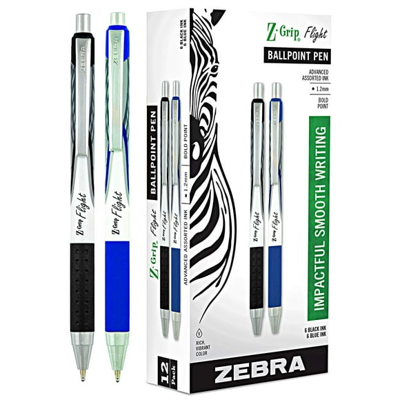 Zebra Pen Z Grip Flight Retractable Ballpoint Pen, 6 Black & 6 Blue (Total of 12 Pens), Bold Point, 1.2mm