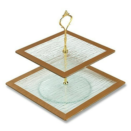 GAC Tempered Glass 2 Tier Cake Stand with Gold Trim - Break and Chip Resistant - Dishwasher Safe - Perfect Cupcake Stand and Dessert Tower for Centerpiece and Display