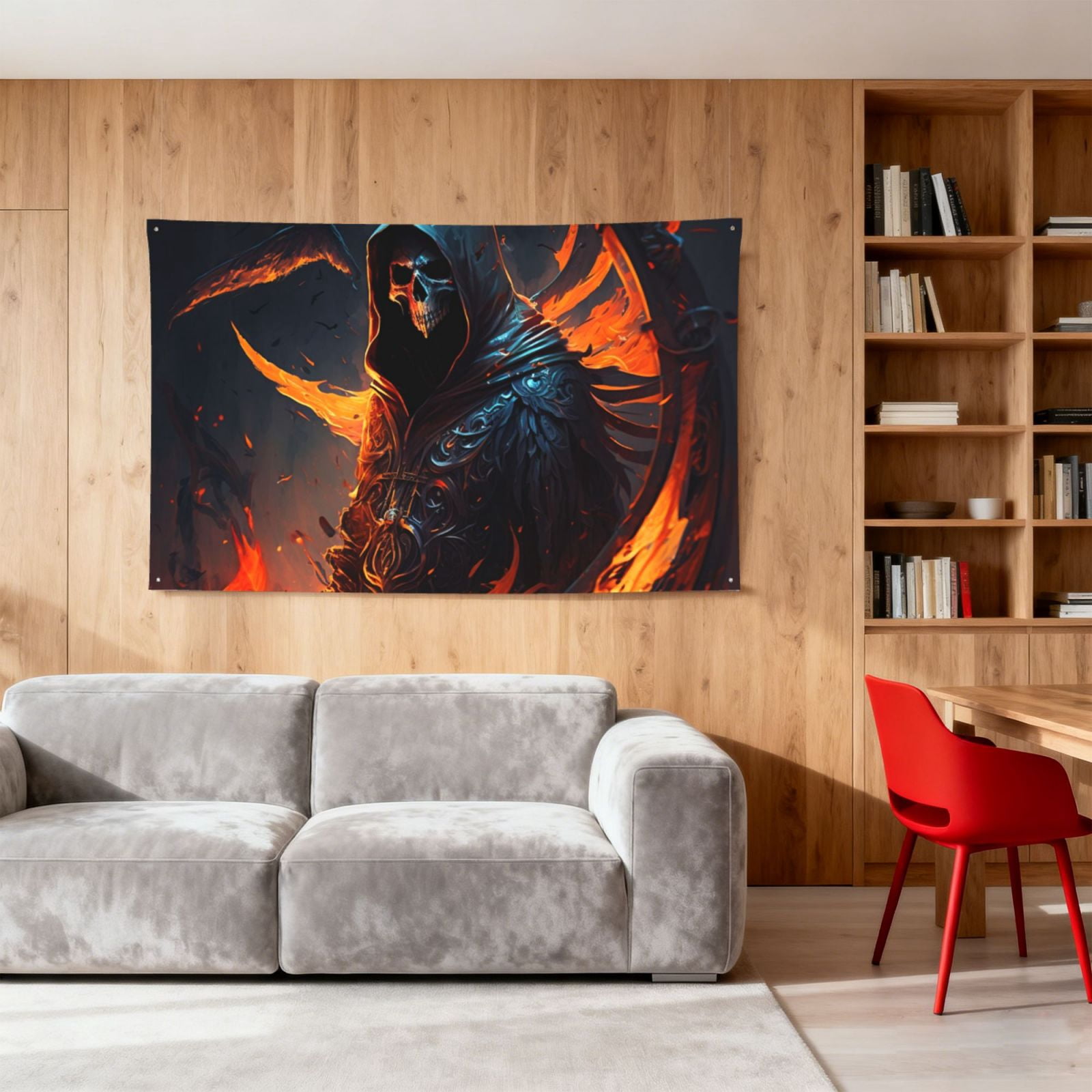 Grim Reaper On Fire Burning Four Hole Decorated Banner Flag for Garden Yard Home Decoration Indoor Outdoor 4x6 Ft