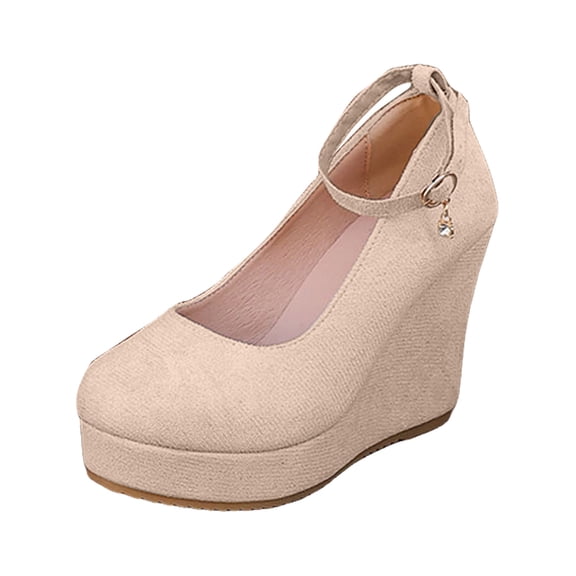 Rokment Women's Platform Wedge High Heels Dress Shoes for Ladies 2026 Spring Fall Fashion Casual Solid Sparkly Rhinestones Ornament Extra Chunky Heeled Dressy Pumps Bride Wedding Beige Size 6