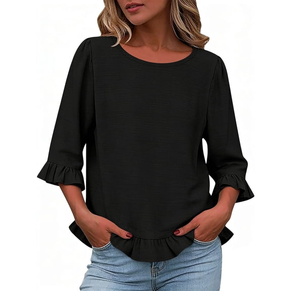 Ashirexll Womens Summer Tops, Tops for Women Trendy, Solid Color 3/4 Sleeve Round Neck Pleated Pullover Blouse