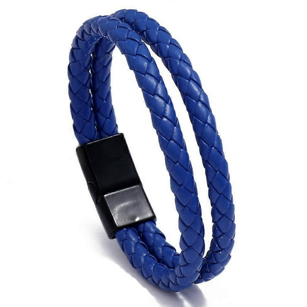 Pulsera de cuero sintético con doble círculo trenzado vintage azul de tendencia para hombre.