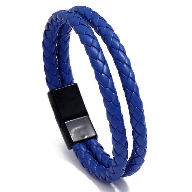 Pulsera de cuero sintético con doble círculo trenzado vintage azul de tendencia para hombre.