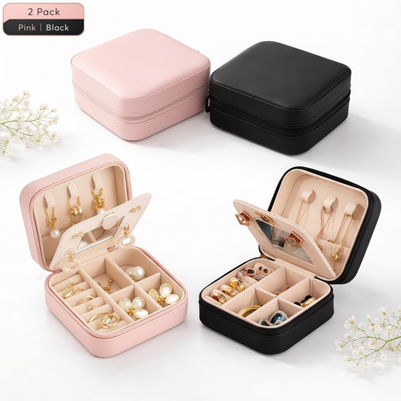 2 Pack Travel Jewelry Box for Girls – Small Jewelry Box with Mirror, Travel Jewelry Organizer, Perfect Gift for Women and Girls, Pink and Black