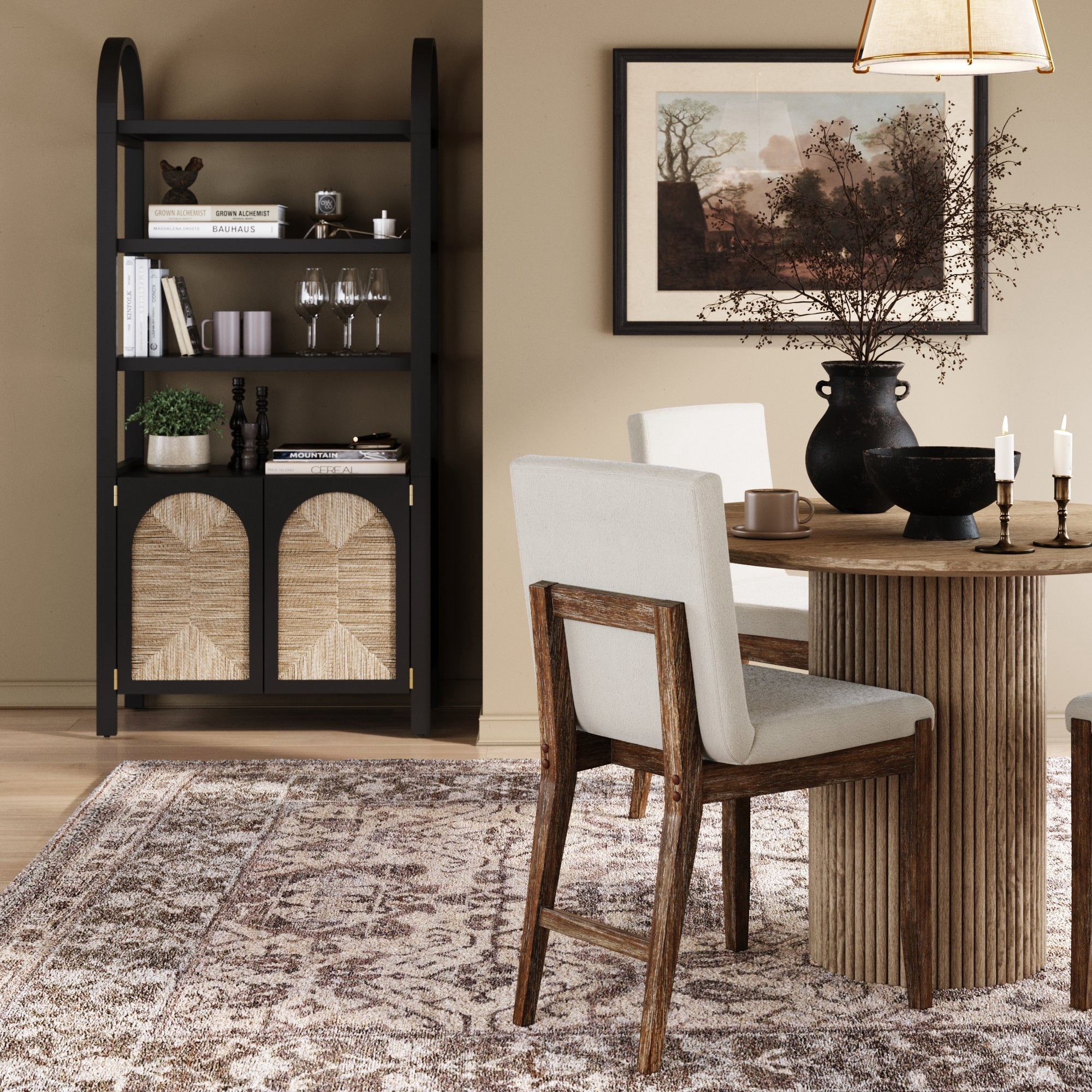 Nathan James Leah Bohemian Arched Bookcase, 3-Tier Bookshelf with Storage Cabinet Base, Seagrass Door Fronts and Solid Wood Frame, Black/Seagrass