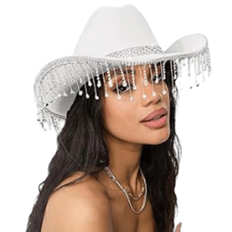 1987 White Cowgirl Hat With Tassels, Shiny Rhinestone Women\'s Cowboy Iridescent White Rhinestone Fringe Cowboy Hat: Festival and  main image 4