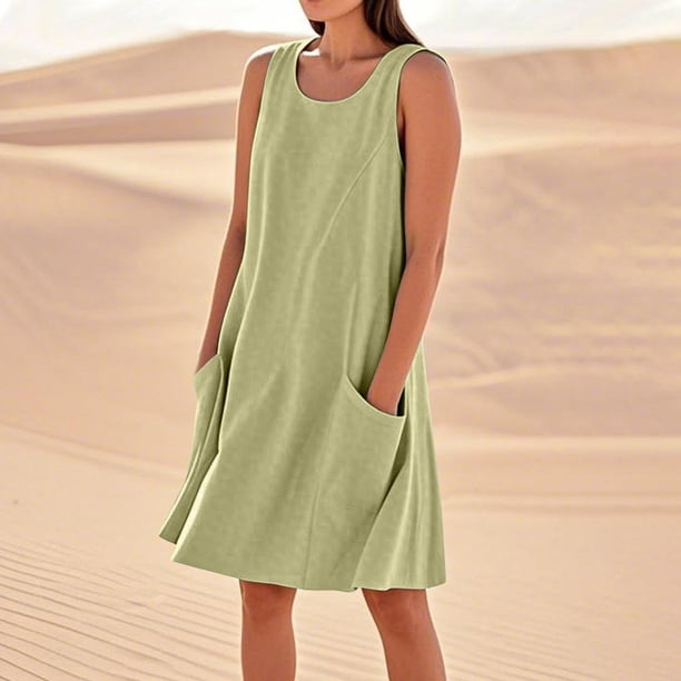 WILLBEST Vestidos Casuales Para Mujer Verano Vestido De Lino Para Mujer Vestido De Playa Informal Hasta La Rodilla Vestido Sin Mangas Vestido Casual Estampado De Verano Con Bolsillos