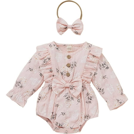 

QWZNDZGR 2pcs Infant Baby Girls Romper Headband 0-24M Ruffles Long Sleeve Off Shoulder Flowers Printed Sweet Jumpsuit
