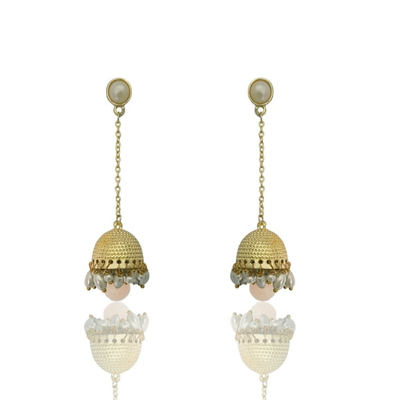 Moonstruck Traditional Indian Long Chain Jhumka Jhumki Golden Dangle Earrings With Pearl For Women (Pink)