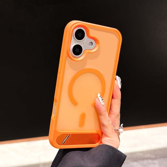 Magnetic Case For iPhone 17 with Hidden Metal Kickstand, [Compatible with MagSafe] Hybrid Slim Frosted Translucent Matte Back Shockproof Rugged Protective Phone Cover,Orange