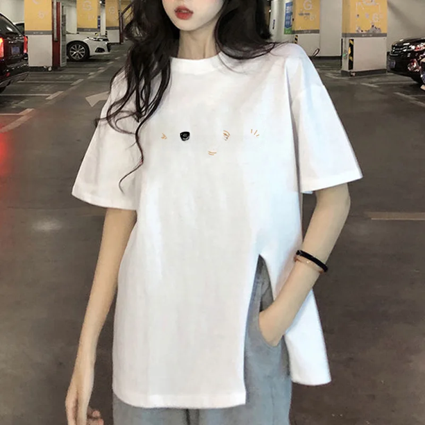 Camiseta de mujer de algodón puro con cuello redondo, manga corta, estilo coreano, holgada, adelgazante, con abertura lateral, para verano