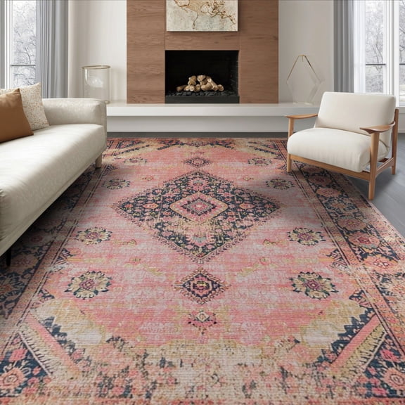 ODIKA 8'x10' Washable Area Rug Non-Shedding, Easy Care, Entryway Way Vintage Boho Faded Bathroom Entry Distressed Scroll for King Size Bedroom Under Bed, Master Suite