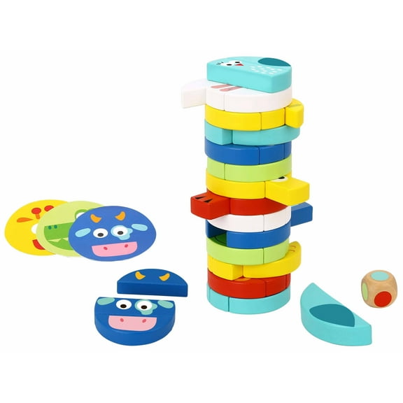 TOOKYLAND Wooden Tumbling Tower Game - 61pcs - Stacking Blocks, Animal Cards and Die. Ages 3 