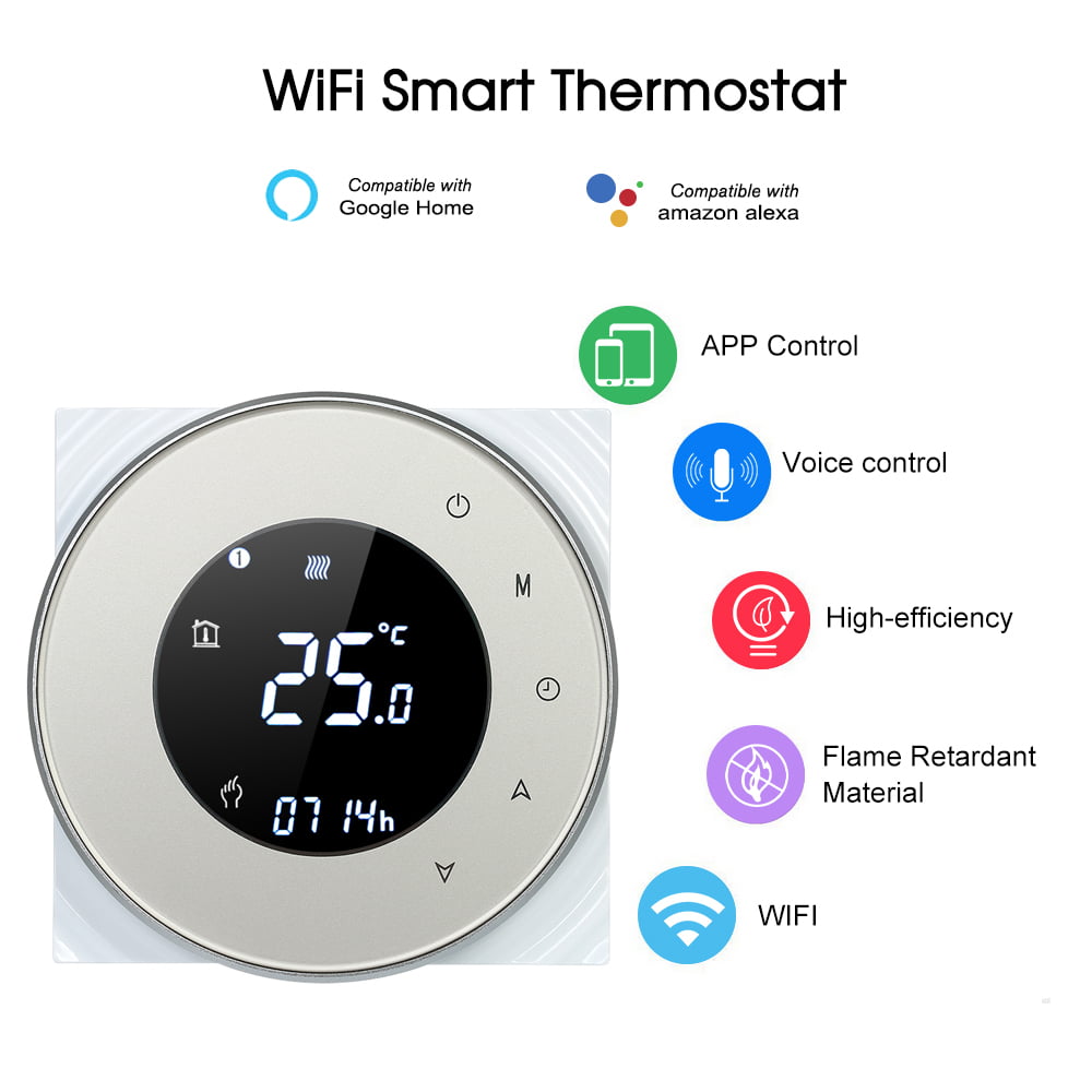 Gas Boiler Thermostat,Programmable Gas Boiler Heating Thermostat Dry Contact Temperature Controller Touchscreen LCD with Backlight Voice Control Compatible with  Echo/Google Home/IFTTT