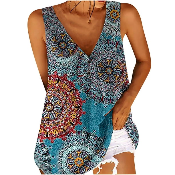 Blusas sueltas con cuello en V y botones estampados informales para mujer Pompotops lopia995642