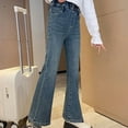 thumbnail image 6 of Gibobby Girl's Bow Print Back Zipper Fly Elastic High Waist Denim Pants Basic Wide Leg Jeans Plus Size Teenage Girls Ripped Jeans(Blue,8-9 Years), 6 of 8