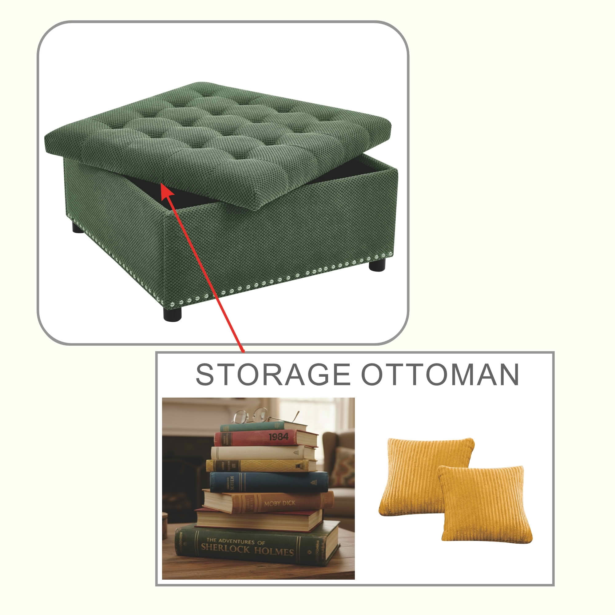 MAYEERTY 30 In Storage Ottoman, Tufted Footstool, Nailhead Trim, Square Ottoman, Green