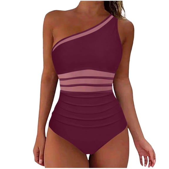 MGDXOX Women's Mesh One Piece Push Up Padded Swimsuit Tummy Control One Shoulder Bathing Suit Cut Out Swimwear Wine L