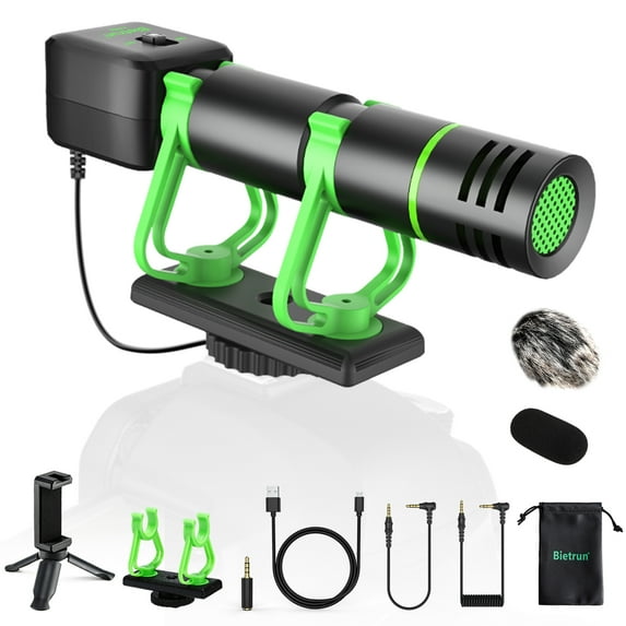 Universal Video Microphone w/ Shock Mount, Phone Stand, Windshield, Foam Cover, Shotgun Video Recording Microphone for Sony, Nikon, Canon DSLR Camera&iPhone, Android Phone, Rechargeable(Work 10 Hrs)