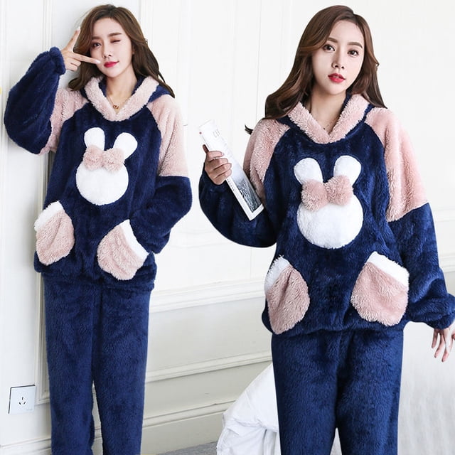 Pijama de conejo bonito de otoño e invierno para mujer, gorro de franela, pantalones de manga larga, ropa de dos piezas para el hogar, forro polar coral