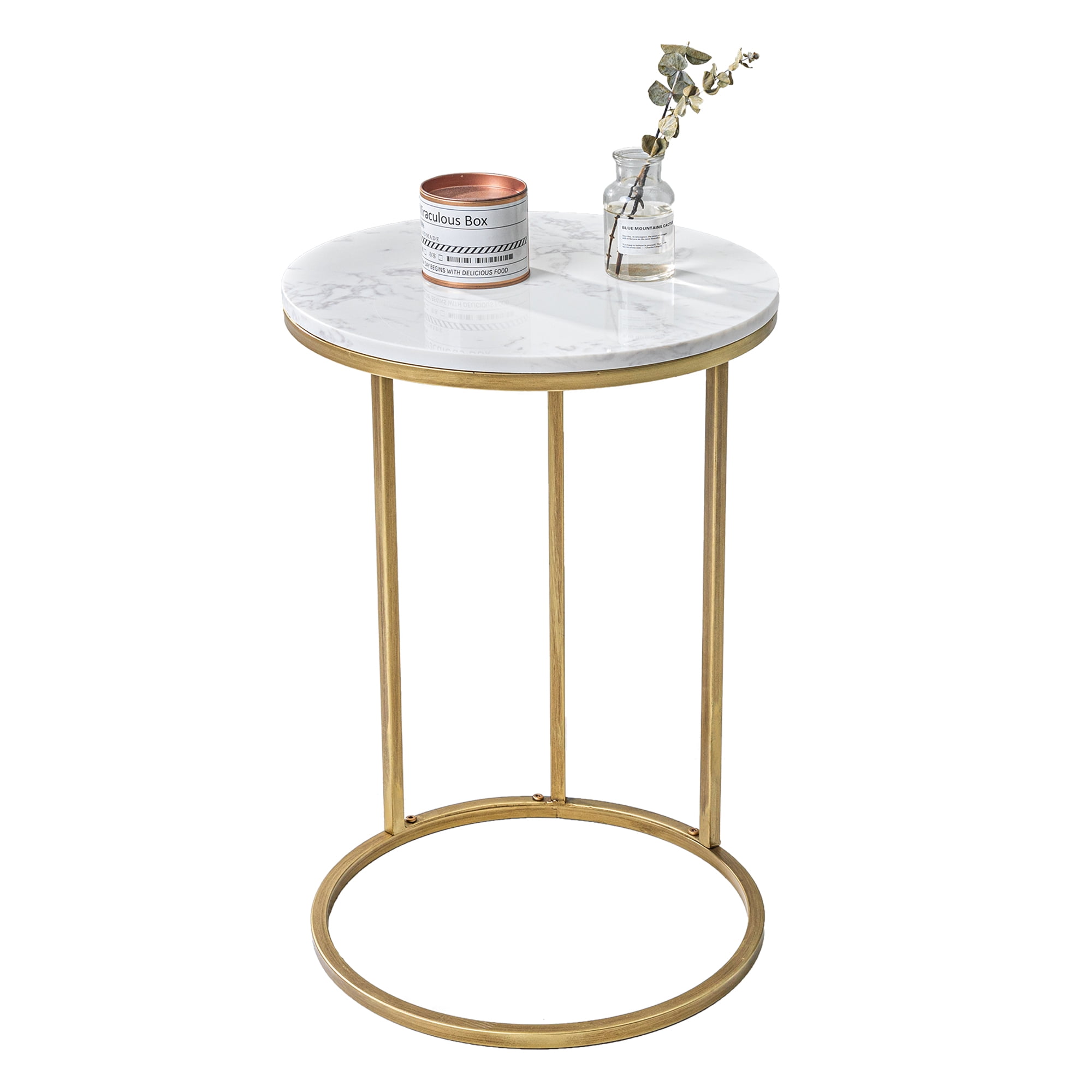 Hawoo Modern Metal C Table with Marble Top Gold Round Side Table for Home Decor