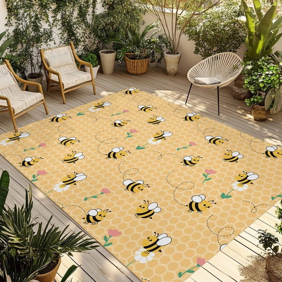 Yellow Beige Bee Outdoor Rug for Patio/Deck/Porch, Non-Slip Large Area Rug 6 x 9 Ft, Spring Floral Elegant Pastoral Flowers Indoor Outdoor Rugs Washable Area Rugs, Camping Rug Carpet Runner