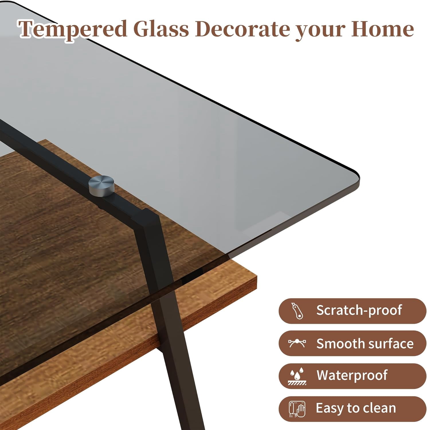 Holaki Glass Coffee Table, Rectangle Tempered Glass Table, 2-Tier Center Table  with Clear Tempered Glass Top Metal Leg, Mordern Home Office Furniture
