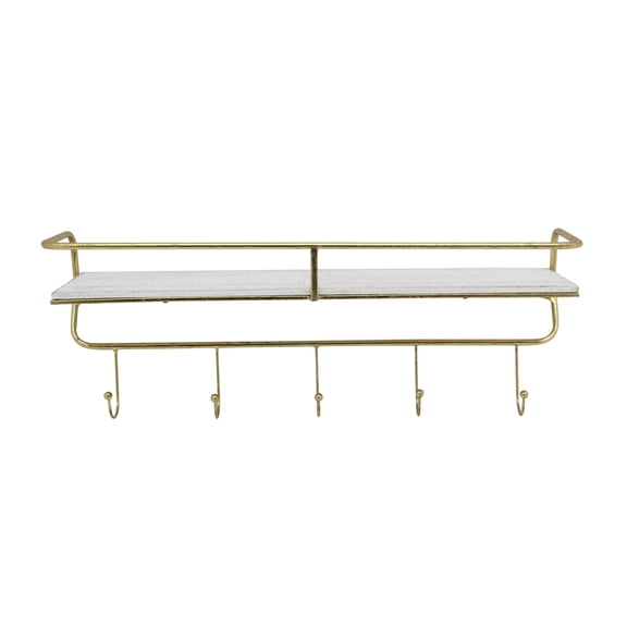 Sagebrook Home Metal/Wood, 24" 5 Hook Wall Shelf, White/Gold
